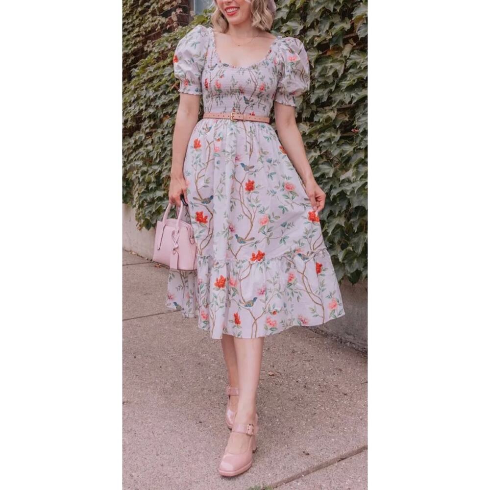 Hill House Home Smocked Louisa Nap Midi Dress Diane Pink Floral Garden Print M - Picture 11 of 11